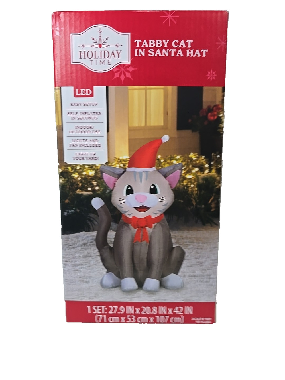 Holiday Time Tabby Cat In Santa Hat Inflatable Light Up 3.5 Ft Christmas 🎅🏼